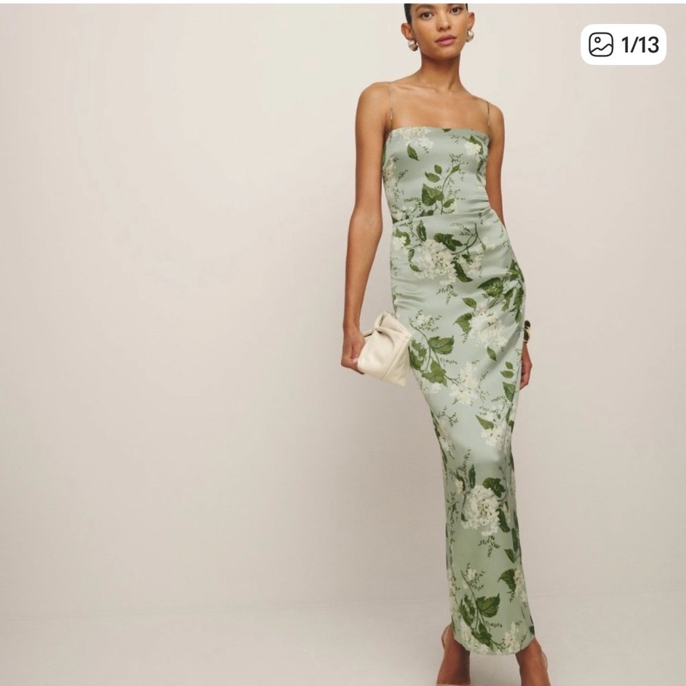 Reformation Green Floral Strapless Wedding Dress